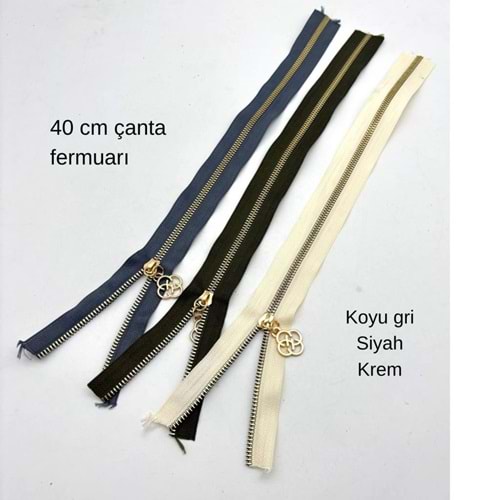 Çanta Aksesuar 40 Cm Fermuar Set Light Gold Metal Koyu Gri, Siyah, Krem Renk