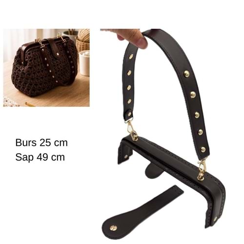 Çanta Aksesuar 25 Cm Lüks Model Çanta Seti Koyu Kahve Light Gold Metalli