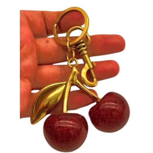 Çanta Aksesuar Kırmızı Simli Kiraz Anahtarlık , Çanta Süsü Antik- Gold Metalli