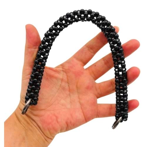 Çanta Aksesuar 31 cm Siyah Boncuklu Kare Model Çanta Sapı Yaylı Halkalı
