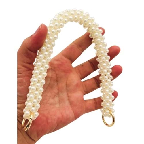 Çanta Aksesuar 31 cm Krem Boncuklu Kare Model Çanta Sapı Yaylı Halkalı