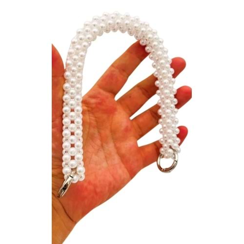 Çanta Aksesuar 31 cm Beyaz Boncuklu Kare Model Çanta Sapı Yaylı Halkalı