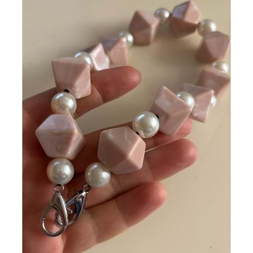 Çanta Aksesuar 40 cm Pudra Renk İncili Çanta Sapı Kancalı