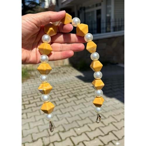 Çanta Aksesuar 40 cm Hardal Sarı Renk İncili Çanta Sapı Kancalı