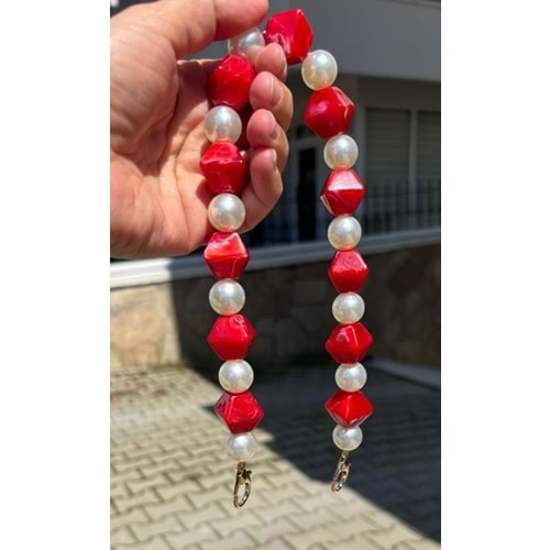 Çanta Aksesuar 40 cm Kırmızı Renk İncili Çanta Sapı Kancalı