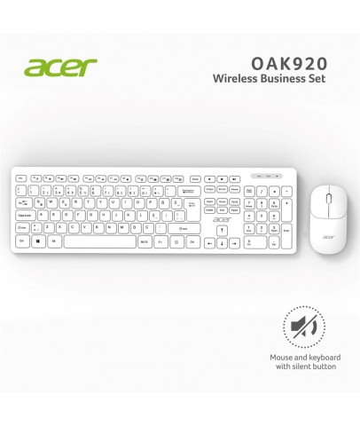 Acer OAK-920  Beyaz Kablosuz Sessiz Tuşlu  2.4Ghz Klavye Moue Set Beyaz (Mouse 1200Dpı)