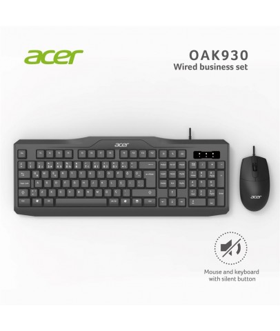 Acer OAK-930 Kablolu Sessiz Tuşlu  Klavye Moue Set Siyah (Klavye 1,40Cm-Mouse 1.60Cm Kablo)