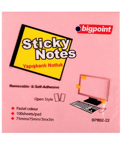 Bigpoint Yapışkanlı Not Kağıdı 75x75 Pembe BP802-22