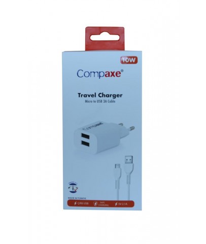 Compaxe CTA-521DMU 5v 2.1a 10W 2USB 1Mt Usb 3.0 Ev şarj+ Mikro Şarj Kablosu