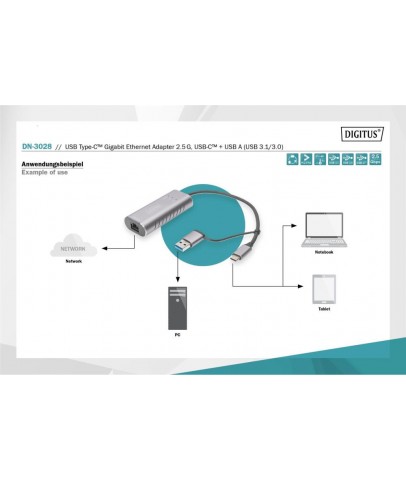 Digitus DN-3028 USB Tip C™ Gigabit Ethernet Adaptörü 2.5G, USB-C™ + USB-A (USB 3.1-3.0)