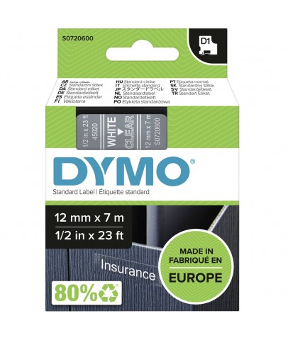 Dymo D1 Şerit 12 MMx7mt Şeffaf/ Beyaz 45020