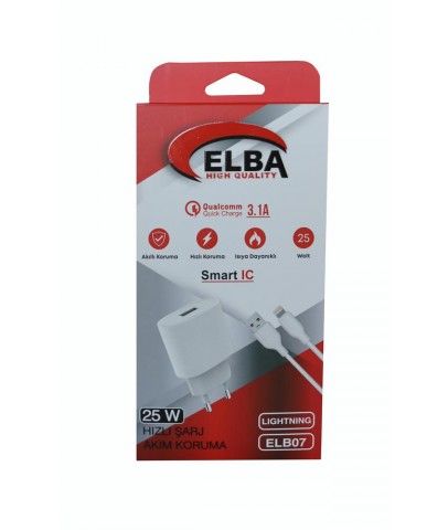 Elba ELB07-USB-25WIOS Beyaz 25W Usb Ev Şarj Kafa+ Usb 1mt Lightning Kablo QC4.0 Hızlı Şarj