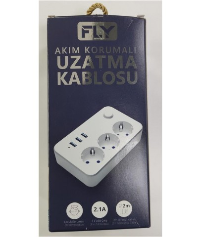 Fly 3406-01 3lü Anahtarlı 2.1A 3Usb Şarj Çıkışı 2mt Anahtarlı  Akım Korumalı Priz Çocuk Koruması