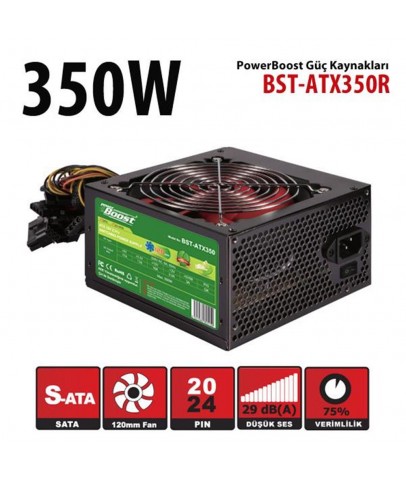 PowerBoost BST-ATX350R 350w, PPFC 12cm Kırmızı Fanlı ATX PSU (Retail Box)