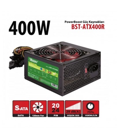 PowerBoost BST-ATX400R 400w, PPFC 12cm Siyah Fanlı ATX PSU Power kablo (Retail Box) Güç Kaynağı