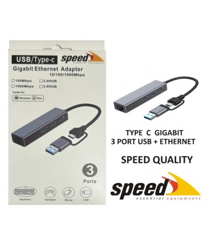 Speed UET01 10-100-1000 USB - Type c 3 Port USB 3.0 Çoklayıcı Gigabit Ethernet Çevirici