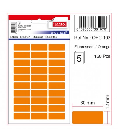 Tanex Ofis Etiketi Poşetli 12x30 MM Fosforlu Turuncu OFC-107