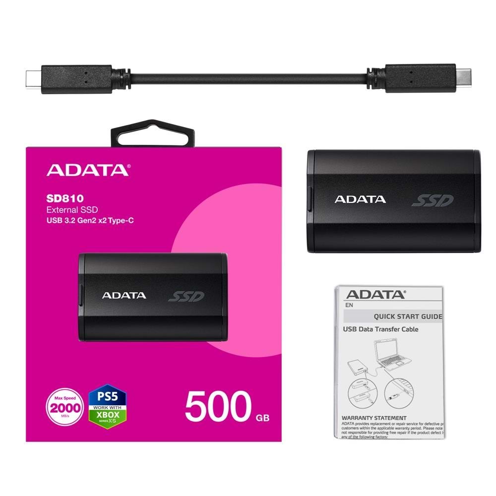 Adata 500Gb SD810 Siyah Taşınabilir Usb 3.2 Gen2 x2 Type-C Ssd Harici Disk