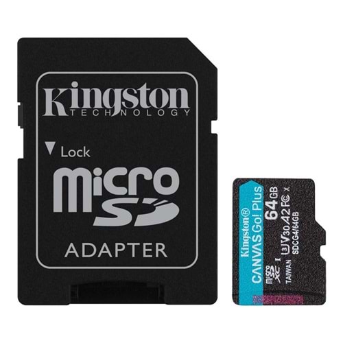 Kingston SDCG4-64GB 64GB microSDXC Canvas Go Plus Gen4 200MB-s A2 U3 V30 Card + ADP Hafıza Kartı