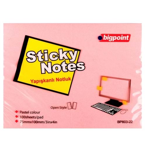 Bigpoint Yapışkanlı Not Kağıdı 75x100 Pembe BP803-22 (1 Adet)