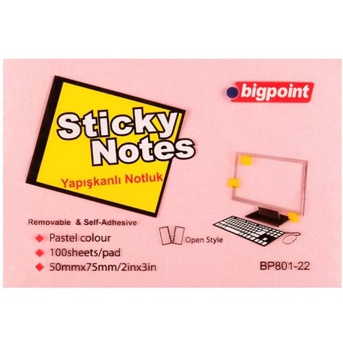 Bigpoint Yapışkanlı Not Kağıdı 75x50 Pembe BP801-22 (1 Adet)