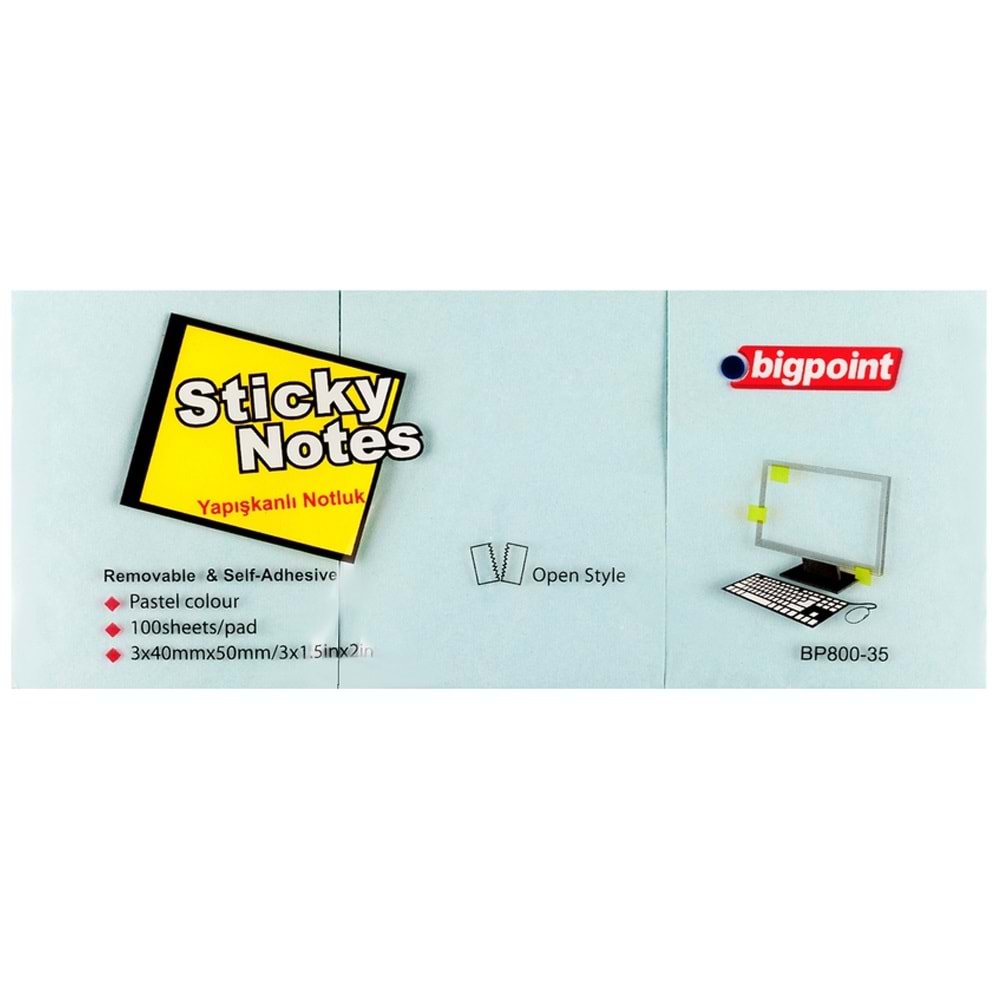 Bigpoint Yapışkanlı Not Kağıdı 3 Lü 40x50 Mavi BP800-35 (1 Adet)