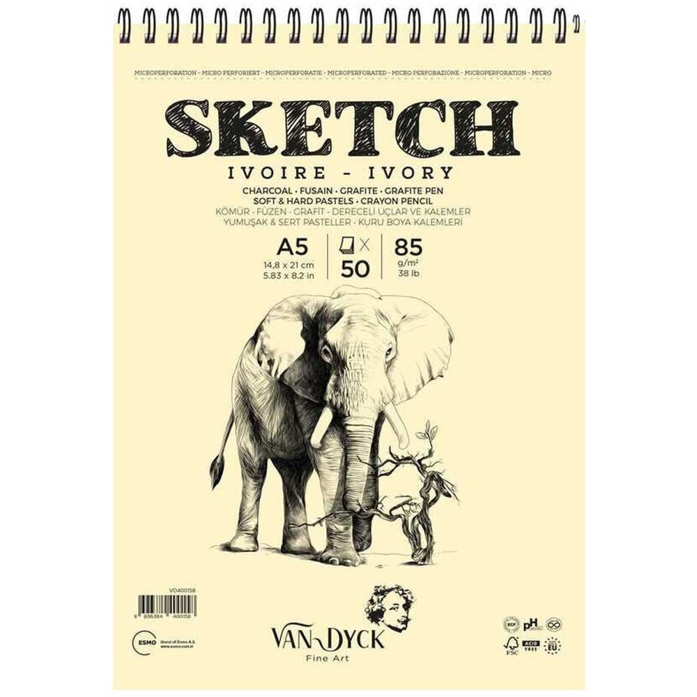 Van Dyck Skecth Çizim Blok A5 85 Gr 50 YP Doku Üst Spral