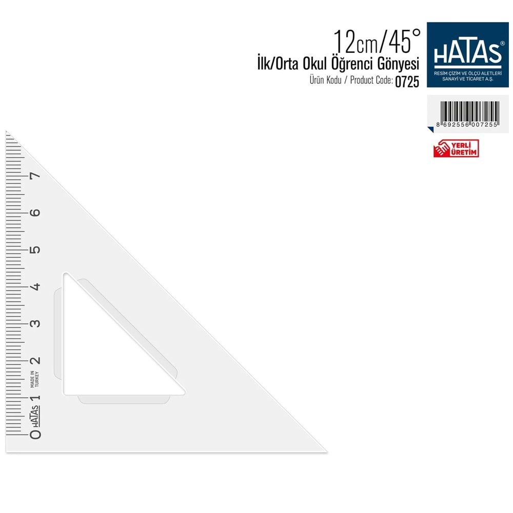 Hatas Öğrenci Gönyesi 45 Derece Plastik 12 CM 725 (1 Adet)