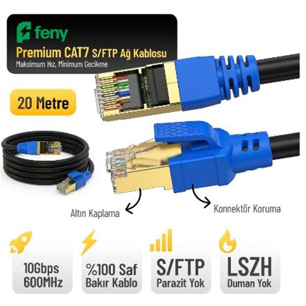 Feny FN-CAT7LS20 10GBPS İnternet 60MHZ 20 Metre CAT7 Gold Patch Kablo (Yanmaz- yüzde 100 Saf Bakır)
