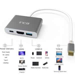 Inca ITPC-04TX Type-c Hub HDMI 4K@30hz USB3.0+PD100W Akım ve Voltaj Korumalı Alüminyum Çoklayıcı