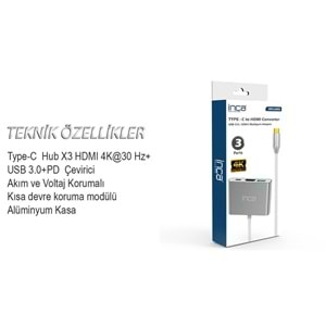 Inca ITPC-04TX Type-c Hub HDMI 4K@30hz USB3.0+PD100W Akım ve Voltaj Korumalı Alüminyum Çoklayıcı