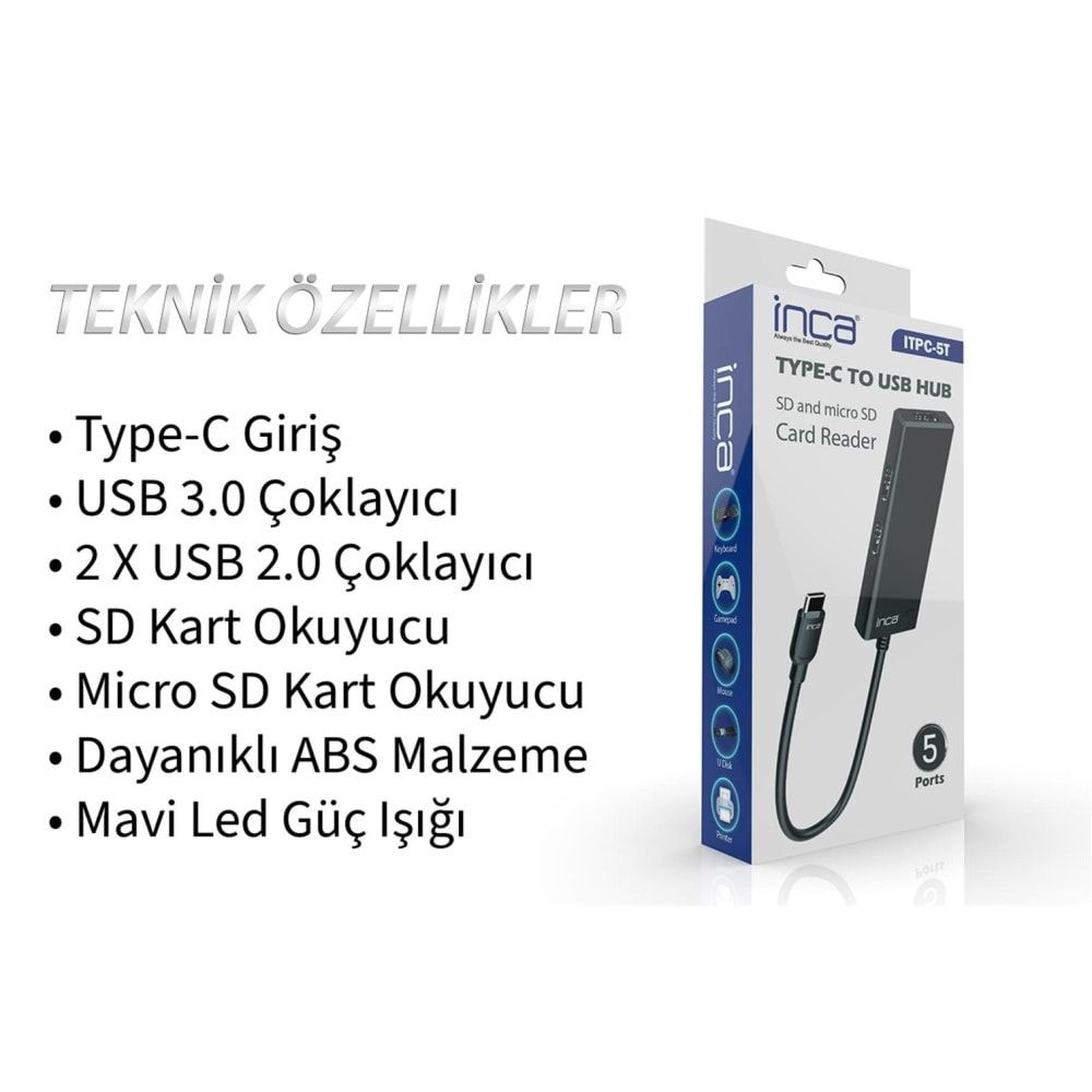 Inca ITPC-5T Type-C Giriş 2XUSB Sd-Micro Sd2.0 Çoklayıcı USB 3.0 Çoklayıcı Çevirici Mavi Led