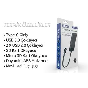 Inca ITPC-5T Type-C Giriş 2XUSB Sd-Micro Sd2.0 Çoklayıcı USB 3.0 Çoklayıcı Çevirici Mavi Led