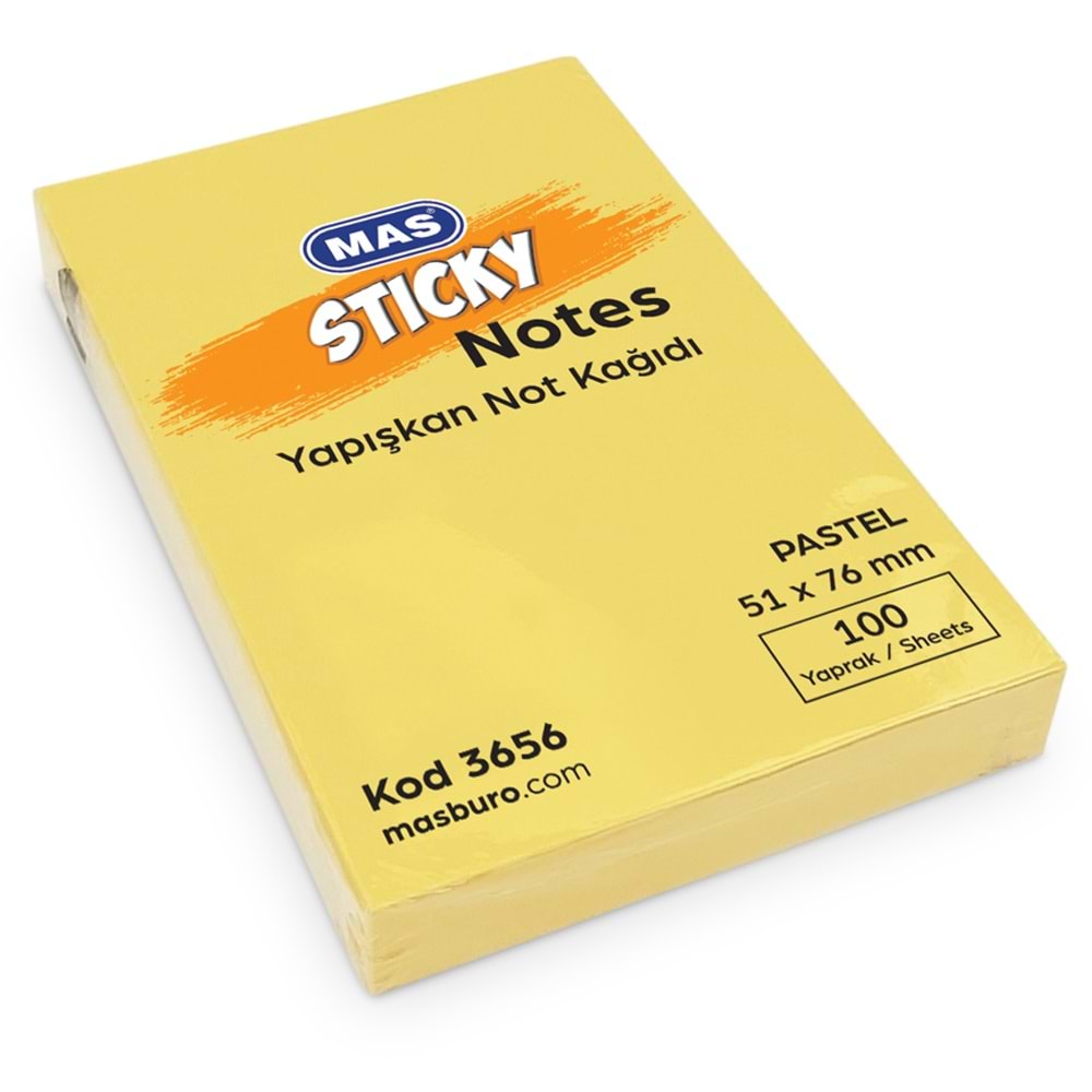 Mas Yapışkanlı Not Kağıdı 100 Syf 51x76 Pastel Sarı 3656 (1 Adet)