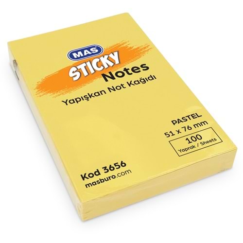 Mas Yapışkanlı Not Kağıdı 100 Syf 51x76 Pastel Sarı 3656 (1 Adet)