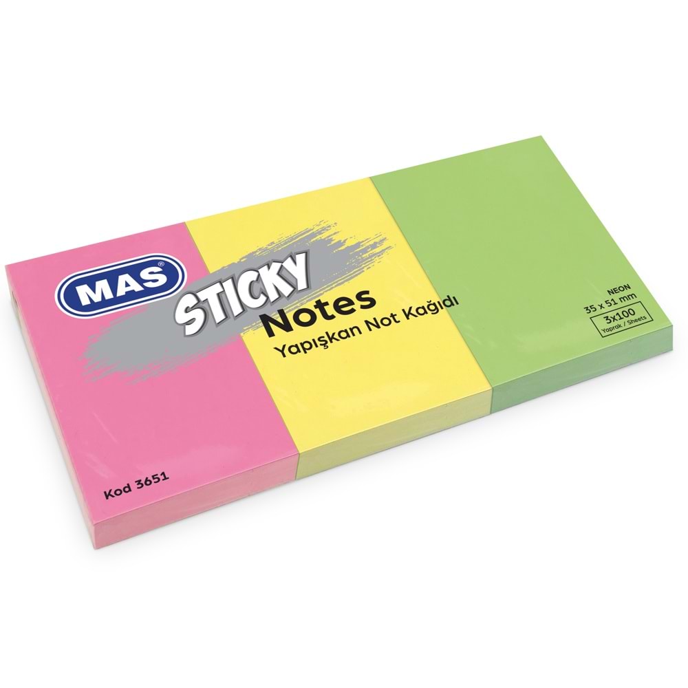 Mas Yapışkanlı Not Kağıdı 3 Blok 100 Syf 35x51 Neon 3651 (1 Adet)