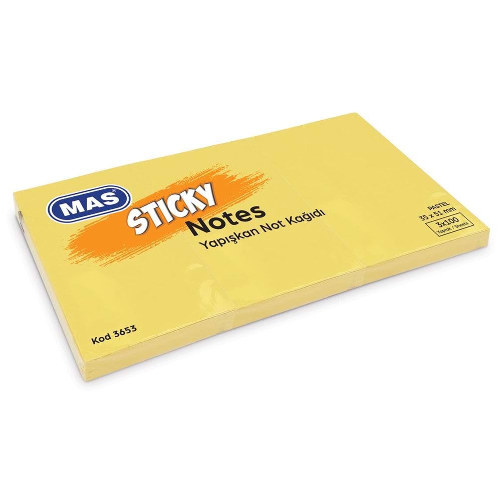Mas Yapışkanlı Not Kağıdı 3 Blok 100 SY 35x51 Pastel Sarı 3653 (1 Adet)
