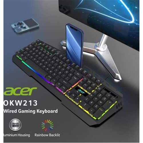 Acer OKW213 Siyah RGB Rainbow Backlit Gaming Keyboard Rainbow (Kablo Uzunluğu 1,5mt)