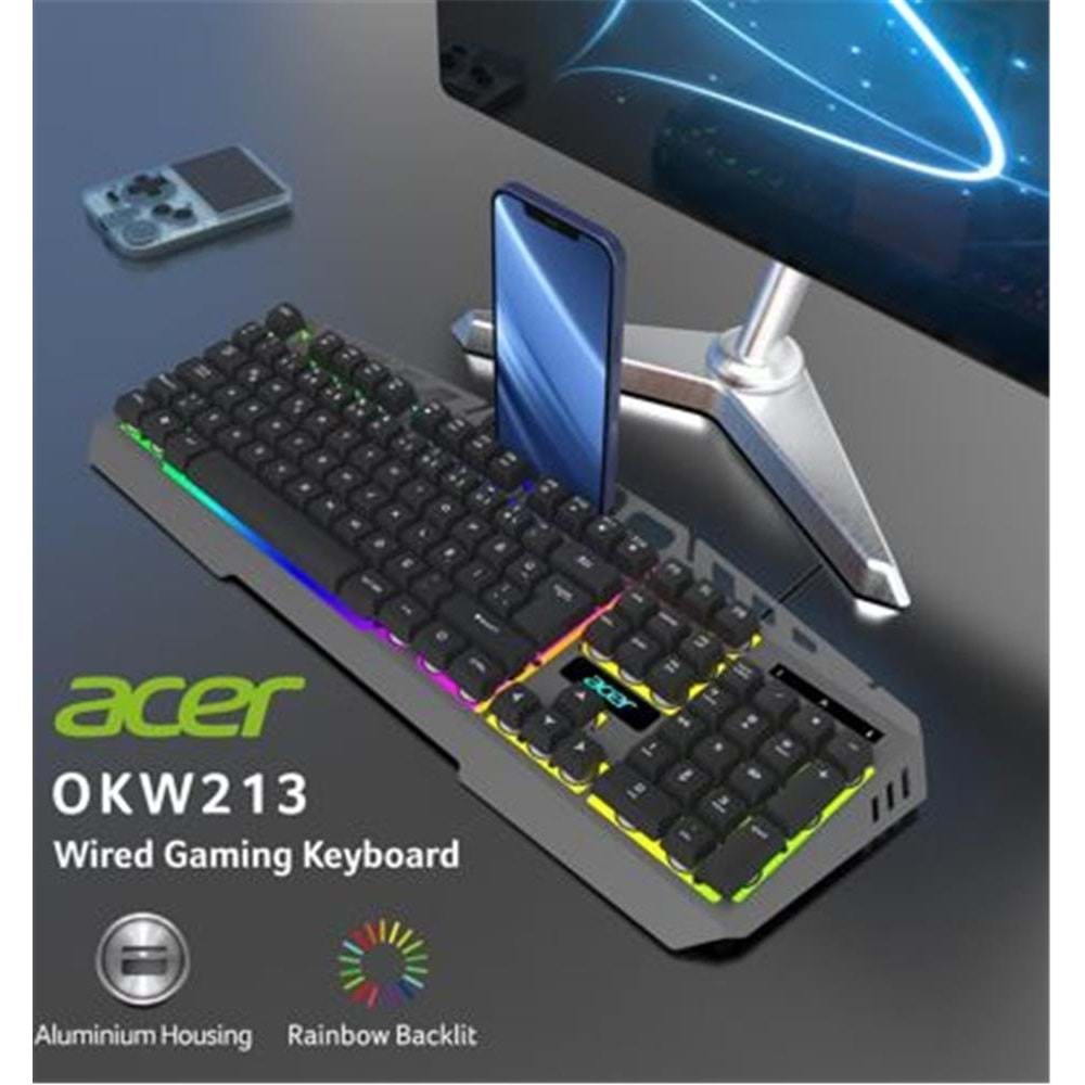 Acer OKW213 Gri RGB Rainbow Backlit Gaming Keyboard Rainbow (Kablo Uzunluğu 1,5mt)