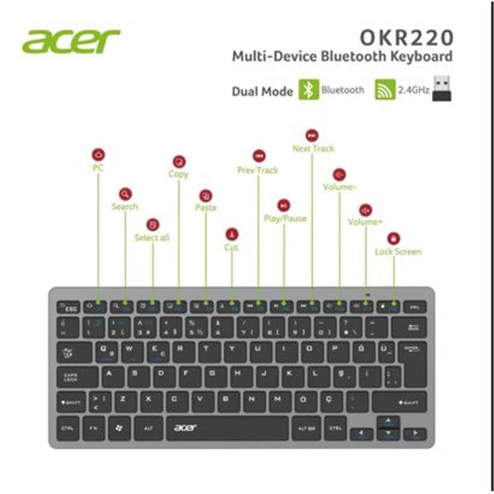 Acer OKR220 Siyah MultiDevice Dual Mode 2.4GHZ Bluetooth Klavye (Smart Tv)(Android)