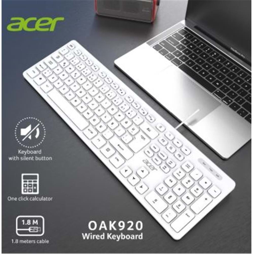 Acer OAK920 Q Usb Beyaz 1.8mt Kablolu Klavye-Tek Tuş Hesap Makinalı (Sessiz Tuş)