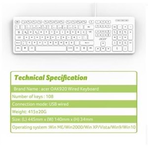 Acer OAK920 Q Usb Beyaz 1.8mt Kablolu Klavye-Tek Tuş Hesap Makinalı (Sessiz Tuş)
