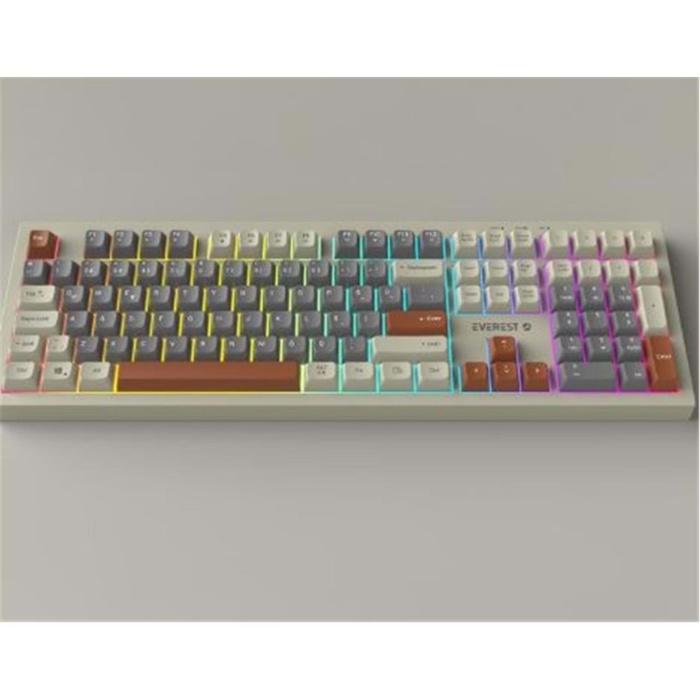 Everest KM-77 Runa Gri-Krem-Kahve Usb Rainbow Aydınlatmalı Sessiz Q Klavye + Mouse Set