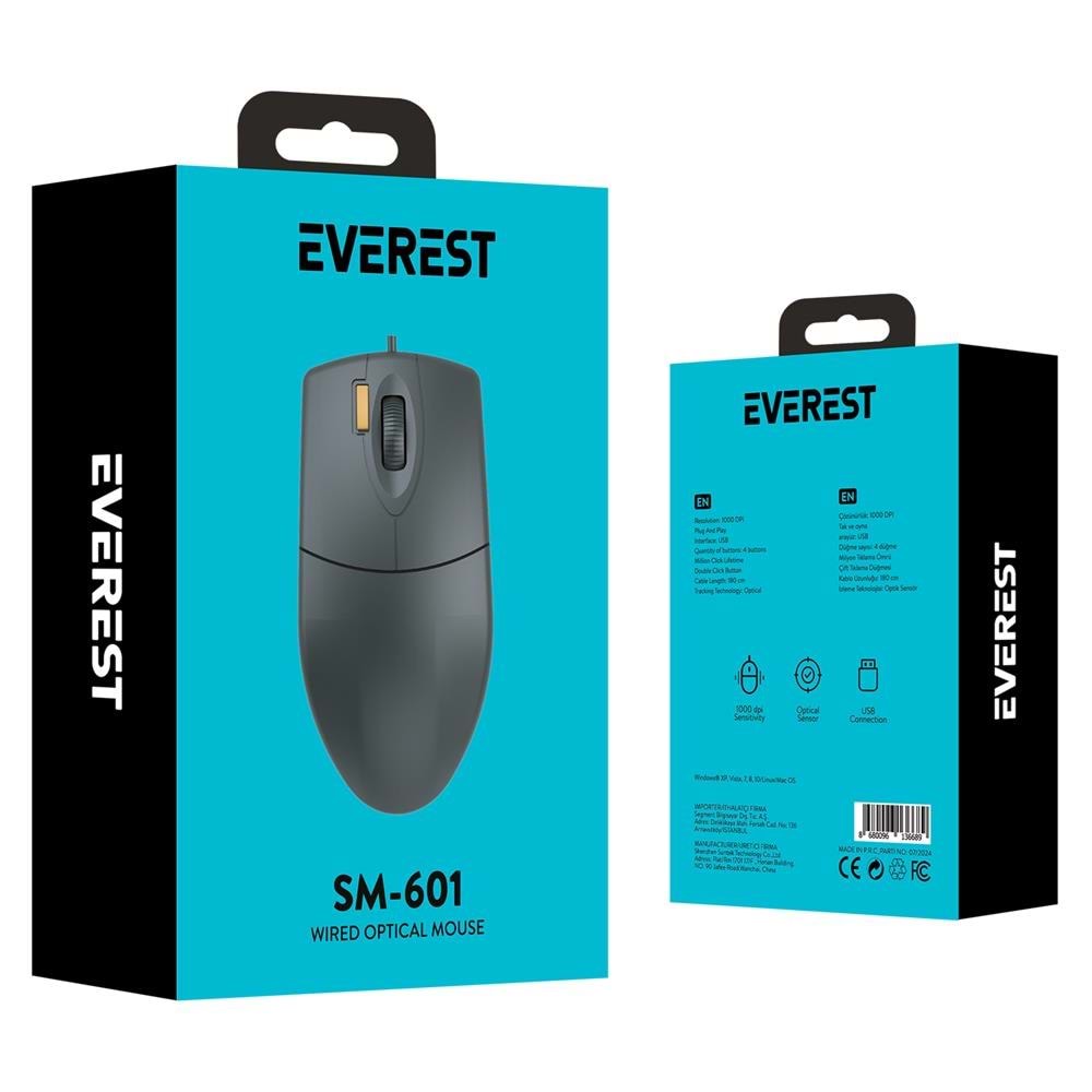 Everest SM-601 1.8MT Kablolu USB Siyah Optik Mouse
