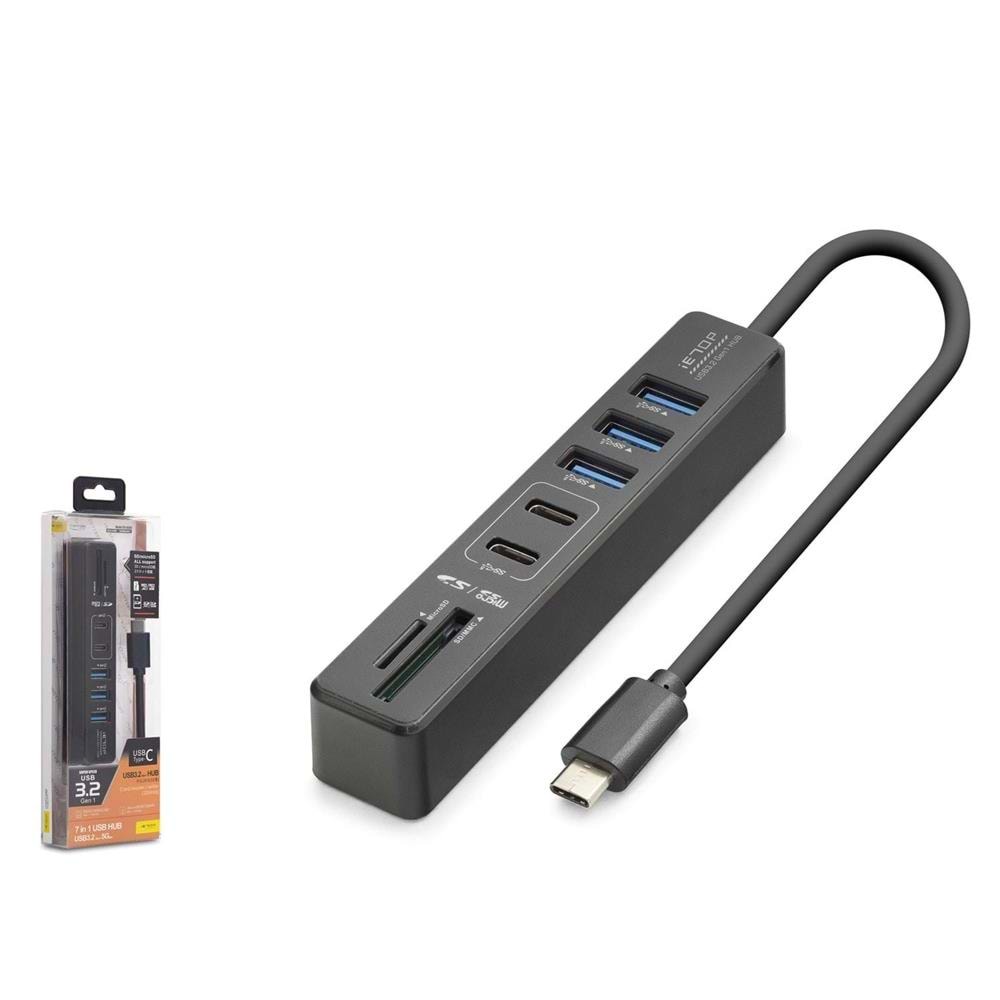 Hadron HDX7061 İetop Type-C Hub 5Gbps 2x Usb-C 3.2+3x Usb-A 3.2+SD+microSD 7 Port Kart Okuyucu Siyah