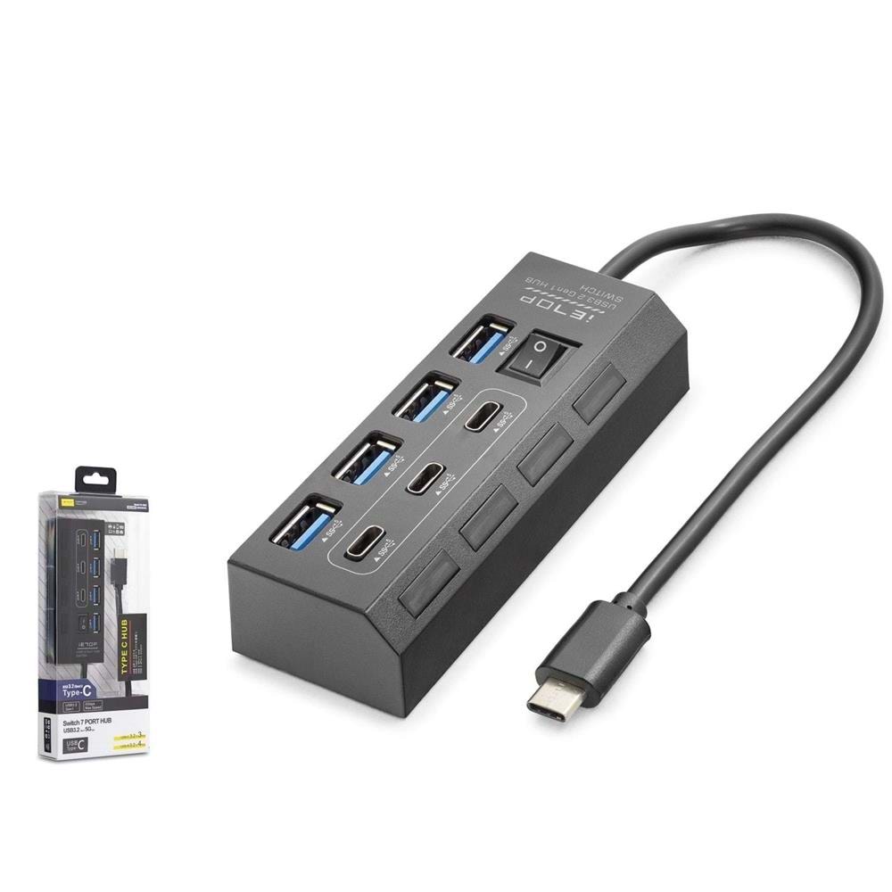 Hadron HDX7057 İetop Type-C Hub 5Gbps 3x Type-C 3.2 + 4x Usb-A 3.2 7 Port Anahtarlı Çoklayıcı Siyah
