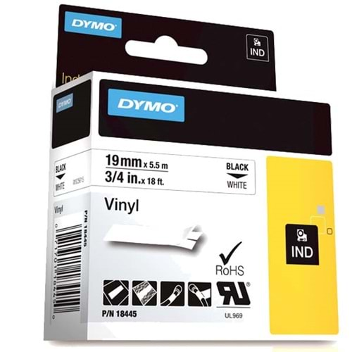 Dymo Rhino Pro Etiketi Renkli Vinil 19 MMx5,5 MT Beyaz Üzerine Siyah 18445