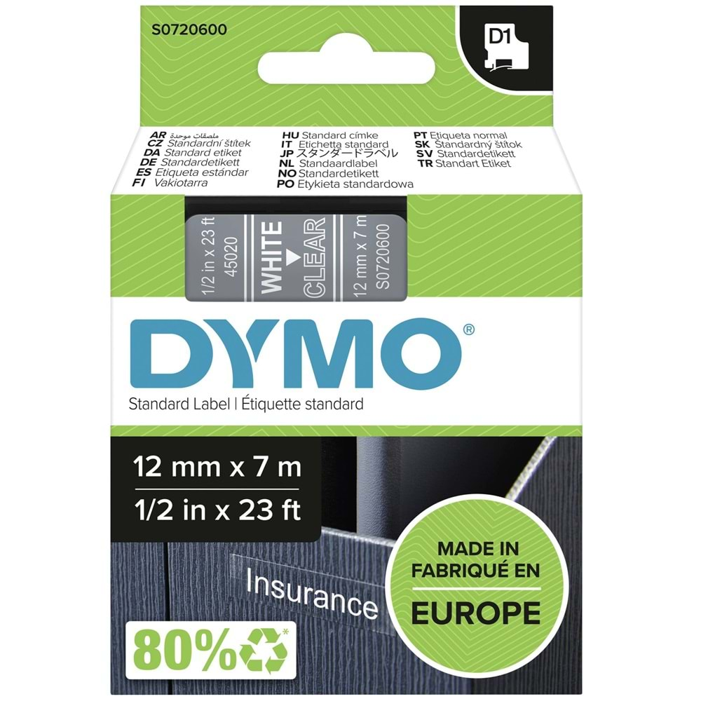 Dymo D1 Şerit 12 MMx7mt Şeffaf/ Beyaz 45020