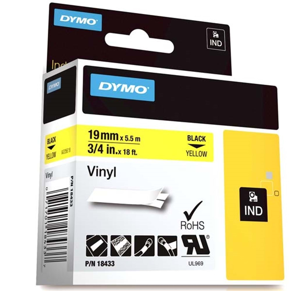 Dymo Rhino Pro Etiketi Renkli Vinil 19 MMx5,5 MT Sarı Üzerine Siyah 18433