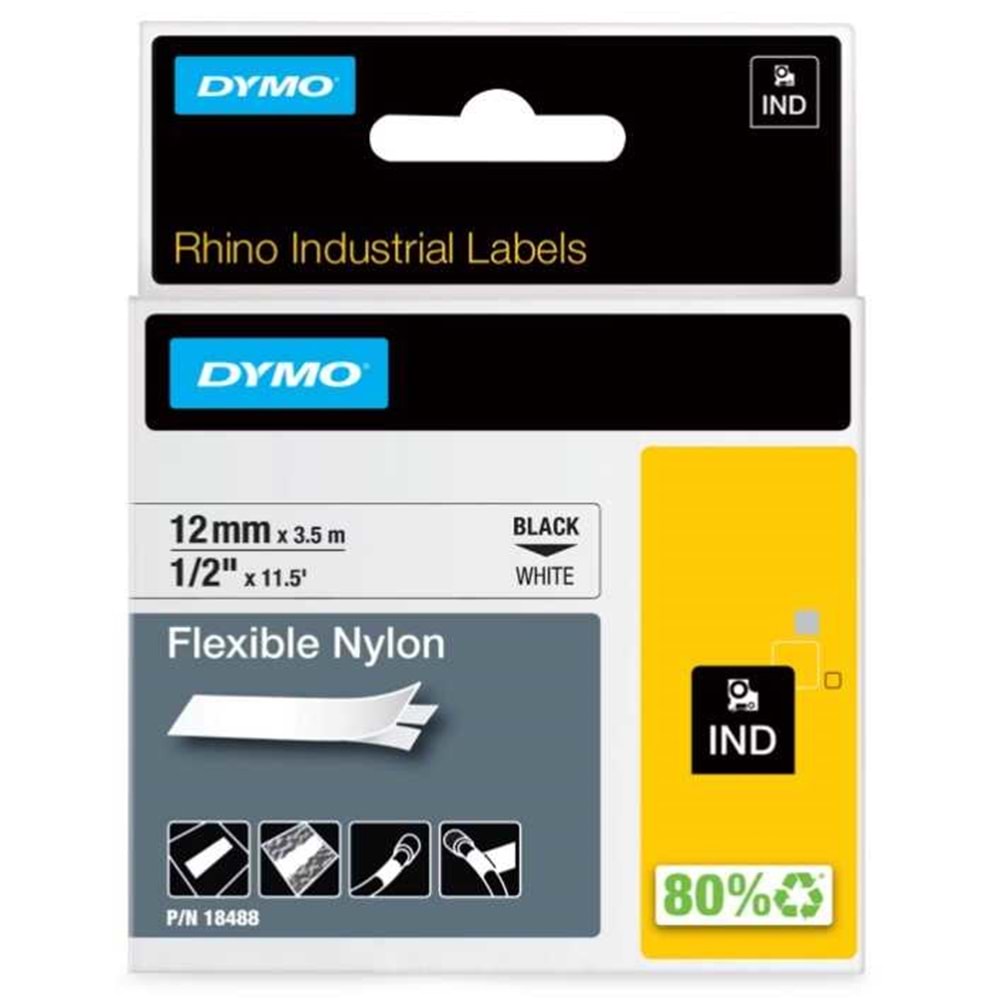 Dymo Rhinopro Esnek Naylon Şerit 12 MMx3.5 M Beyaz/Siyah 18488